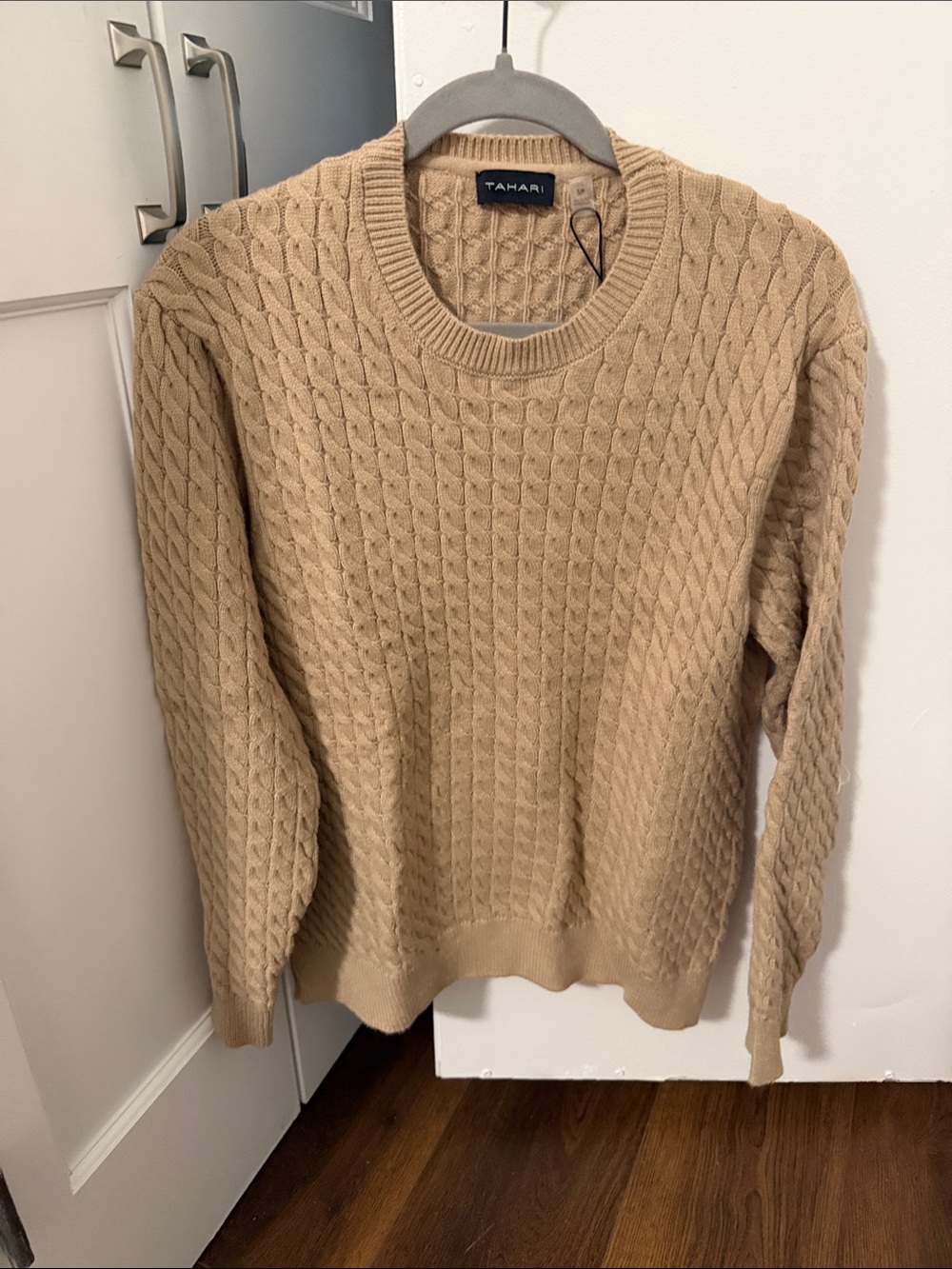 Tahari Men's Cable Knit Crewneck Sweater — Camel Tan